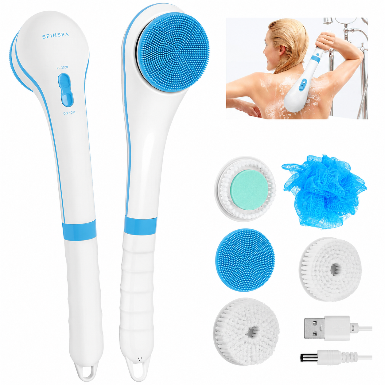 Electric Body Brush with Long Handle, Rechargeable Shower Back Scrubber - Image 2