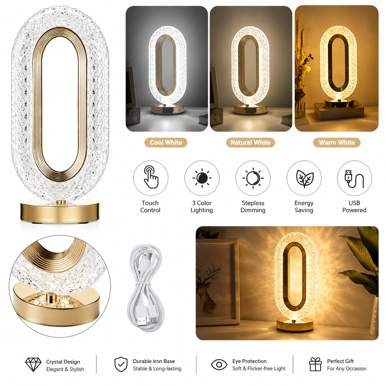 Modern Iron Crystal Table Lamp - Image 2