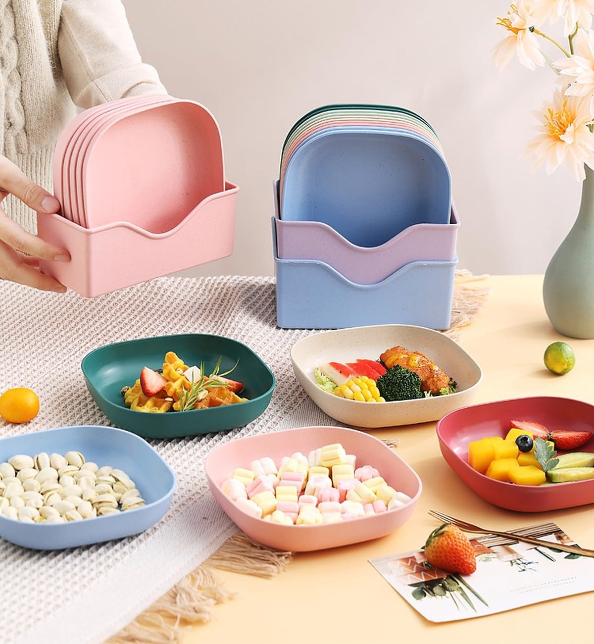 Square Plastic Dinner Plate Set with Storage Stand - Image 8