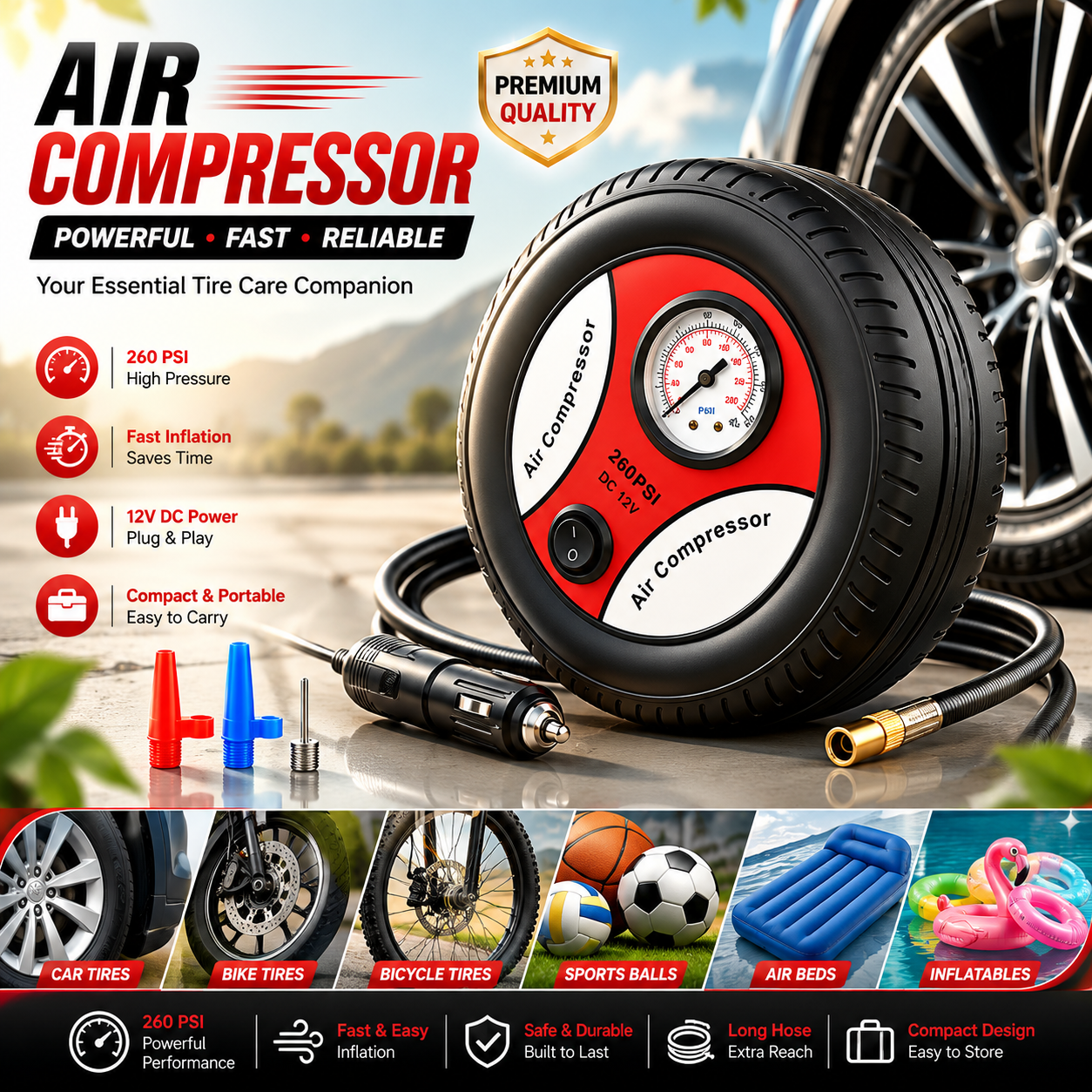 Portable 260 PSI DC 12V Electric Air Compressor Tire Inflator for Car - Image 3