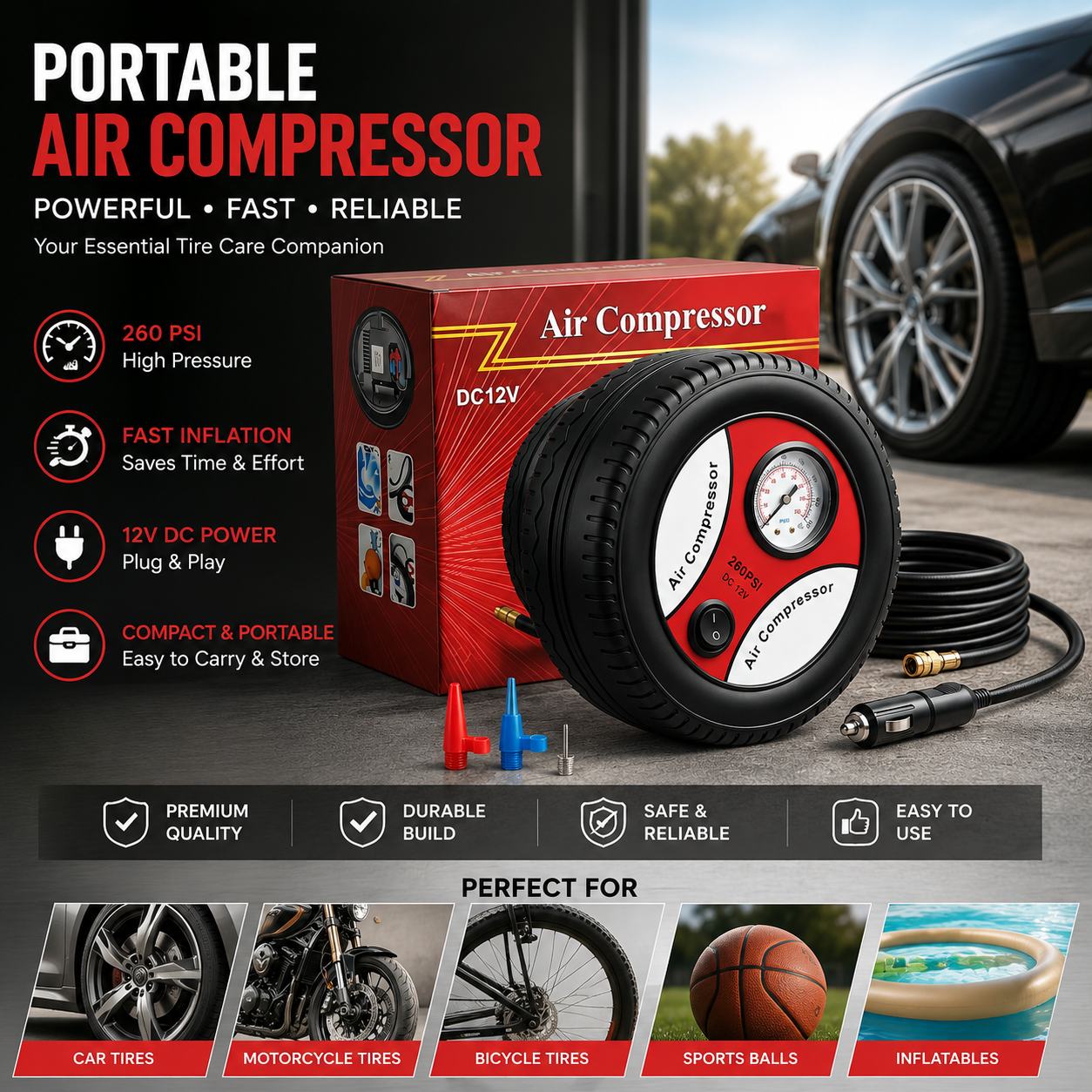 Portable 260 PSI DC 12V Electric Air Compressor Tire Inflator for Car - Image 4