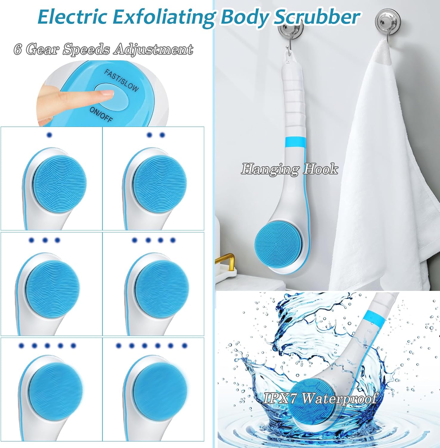 Electric Body Brush with Long Handle, Rechargeable Shower Back Scrubber - Image 5