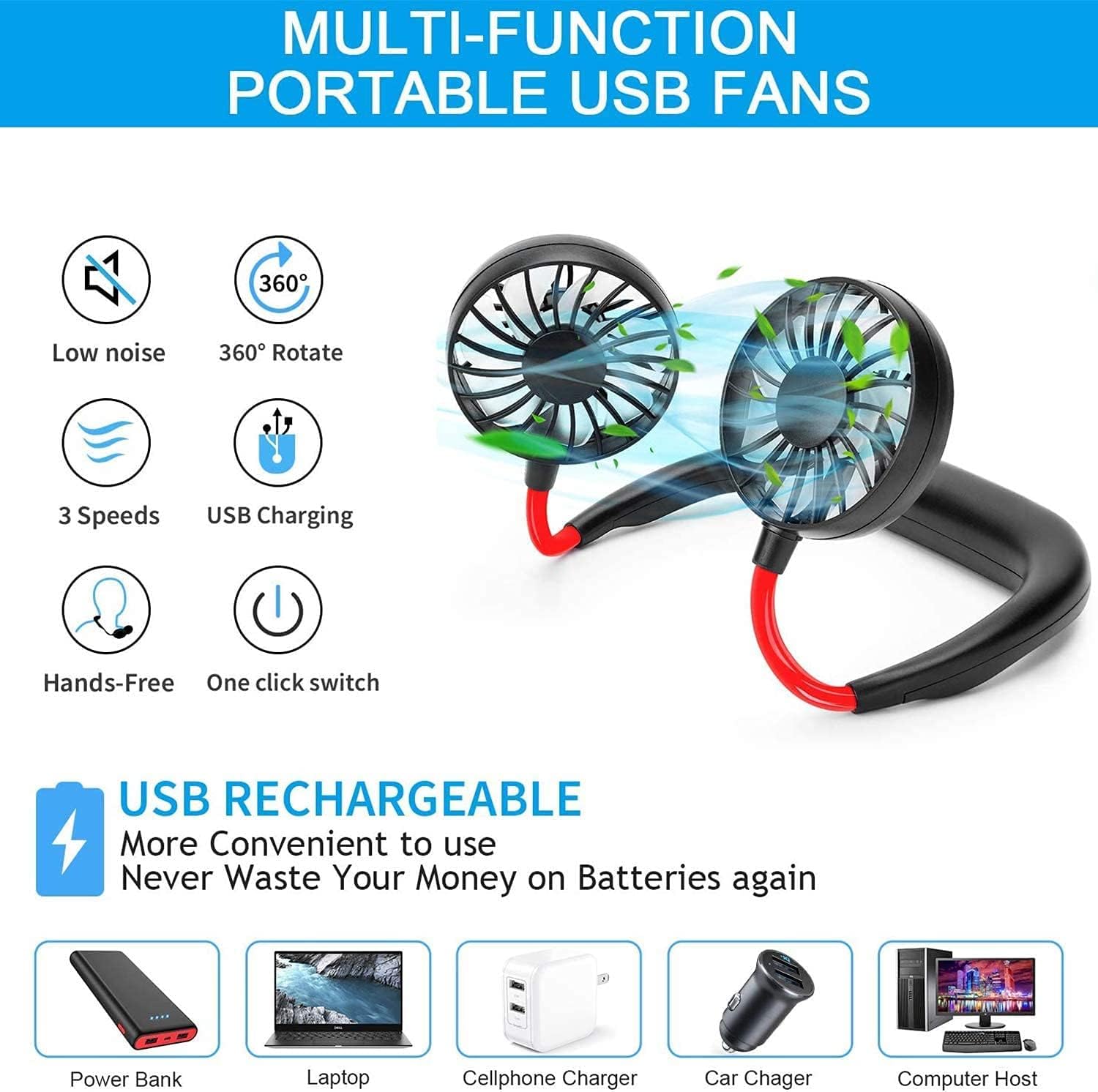 Portable Hanging Neck Fan, Hands-Free - Image 3