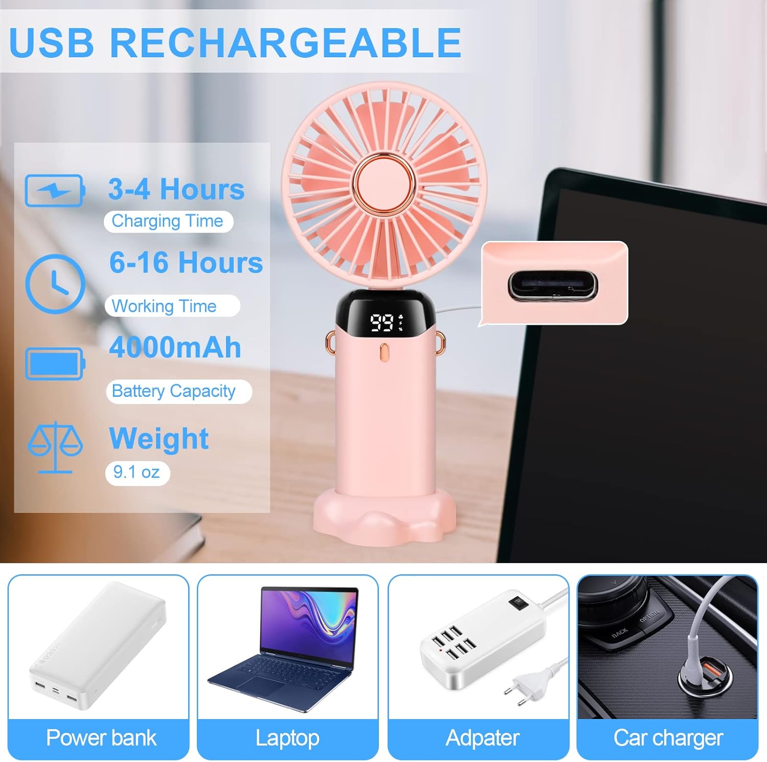 Portable Handheld Fan with 4000mAh Rechargeable Battery - Image 6